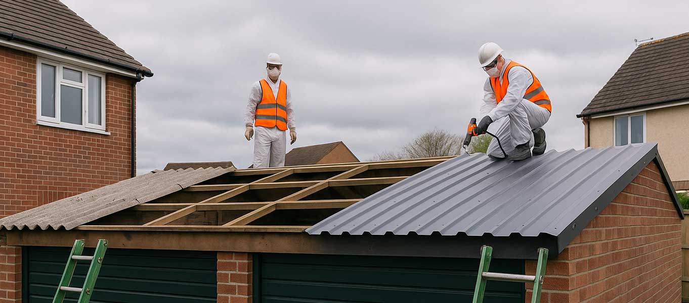 Asbestos garage roof being replaced with modern, non-asbestos sheets