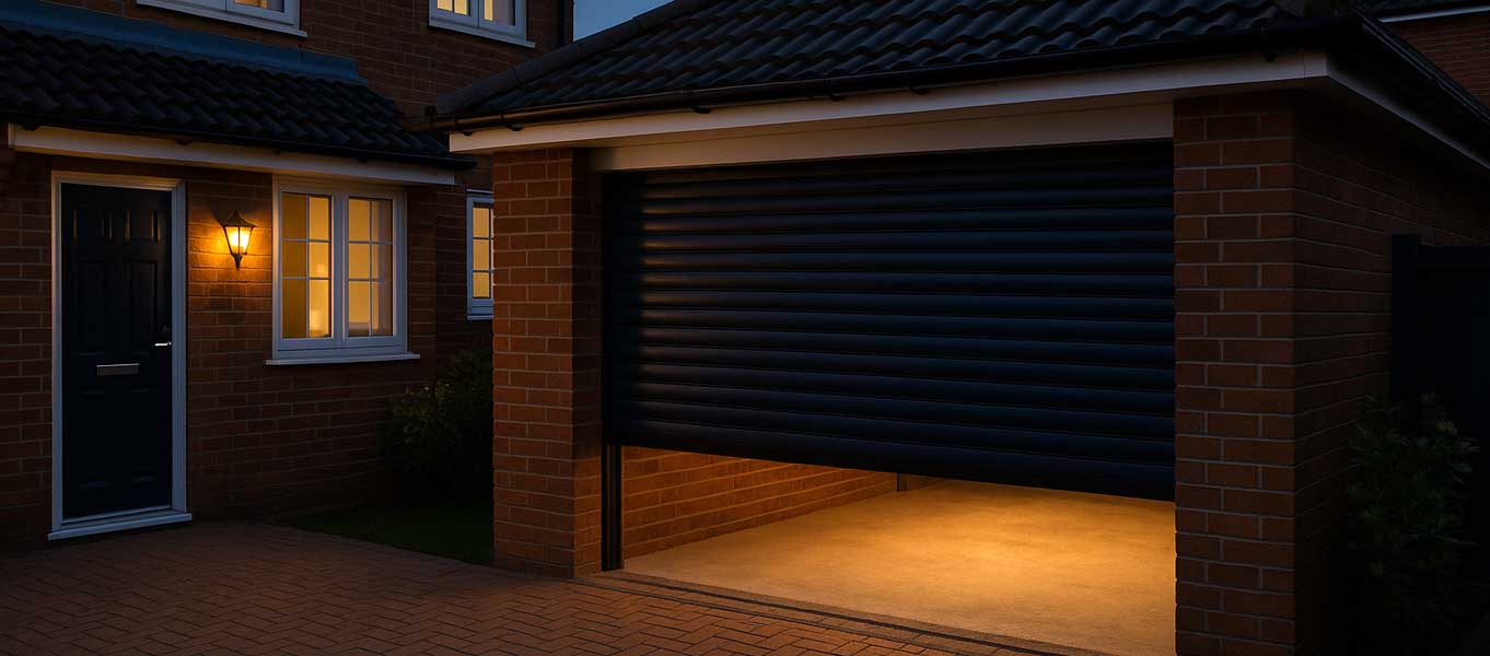 Electric roller garage door installed with neat finish