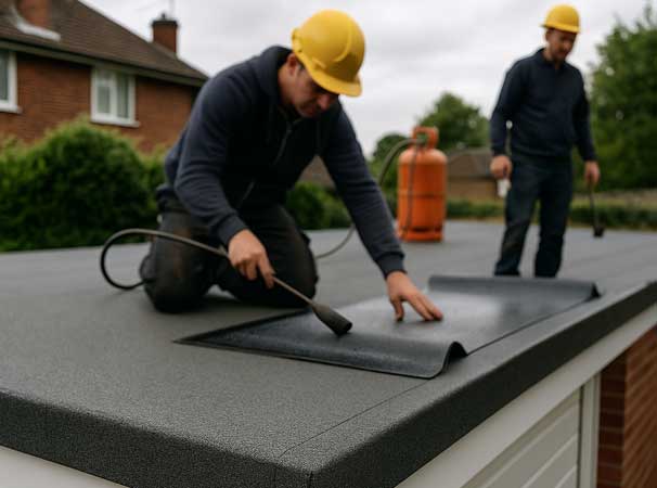 Neatly finished felt garage roof with drip trims