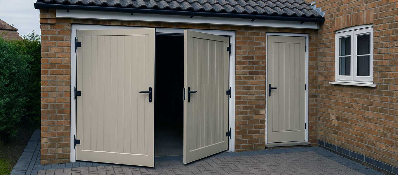 Side-hinged garage doors installed with neat frame